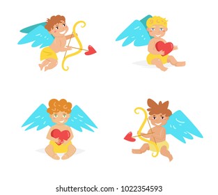 Cupid. Vector. Cartoon. Isolated art on white background. Flat. Set. Collection