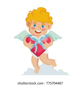 Cupid Vector. Happy Valentine's Day. Holding A Box Present In Form Of Heart. Isolated On White Cartoon Character Illustration