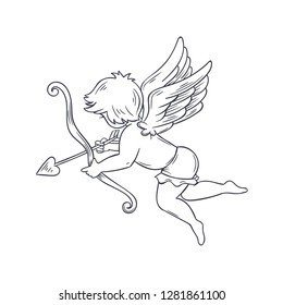 Cupid, vector outline illustration. Hand drawn amur baby angel.