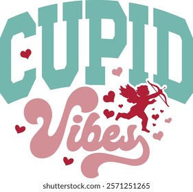 Cupid Vibes - Happy Valentine's day T-shirt Design, Valentine Varsity T-shirt design, Retro Valentine, retro Varsity, Love Heart Vector file, boho varsity, boho design