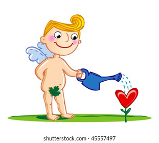 Cupido regando una flor.