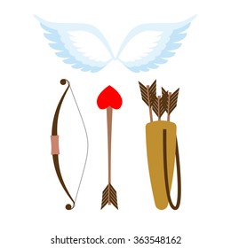 Cupid Weapons Set . Bow And Arrow With Heart. Quiver With Arrows. Angel Flank. Cupids Wing.