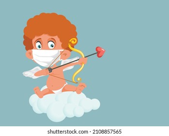 
Cupid Wearing Medical Mask During Pandemic Vector Illustration. Little cherub love angel protecting himself against covid-10 shooting arrow
