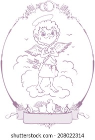 Cupid Wedding in frame. Vector cartoon illustration
