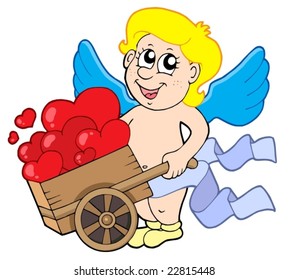 Cupid with wheelbarrow - vector illustration.