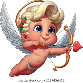 Cupid with white curls, takes aim with an arrow from a bow