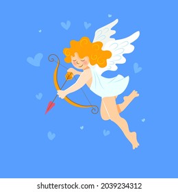 Cupid in a white toga flies in the sky and aims an arrow with a heart from a bow. The blonde cherub spreads love and romance among people. Cartoon flat vector illustration.