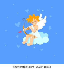 Cupid in a white toga sits on a cloud and aims an arrow with a heart from a bow. The blonde cherub spreads love and romance among people. Cartoon flat vector illustration