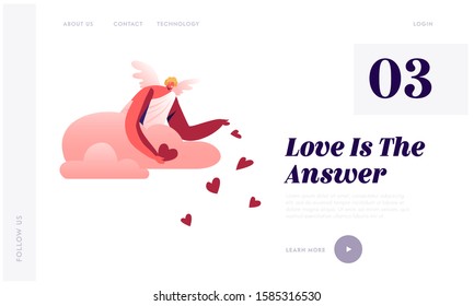 Cupid in White Toga Throw Red Hearts from Cloudy Sky Website Landing Page. Blonde Cherub Spread Love and Romantic among People, Happy Valentines Day Web Page Banner. Cartoon Flat Vector Illustration