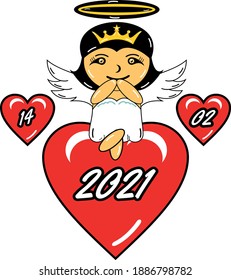 Cupid who sits on a heart that has a Valentine's date
