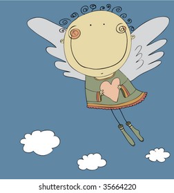 cupid wing cute love kid child fun cloud flying clouds dancing heart smiling innocent affection caricature grin satisfaction optimistic soaring painting grinning infant comic angel moving image joy ha