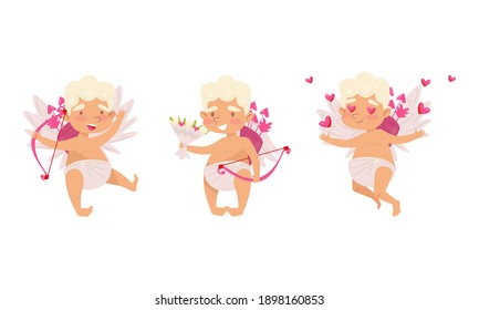 Cupid as Winged Chubby Boy in Diaper with Bow and Arrow Vector Set