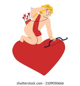 cupid with wings bow and arrow sits on a heart. flat hand drown vector illustration on white bacground.