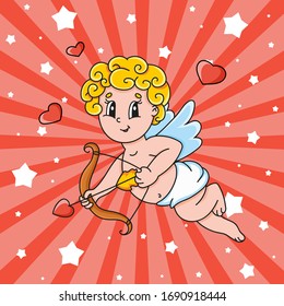 A cupid with wings flies and holds a bow and arrow. Cute cartoon character. Valentine's Day. Colorful vector illustration. Isolated on color background. Template for your design.