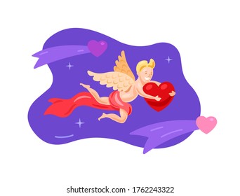 Cupid with wings flying with a heart on a purple background. Night sky with flying hearts. Valentine's Day. Vector flat illustration.