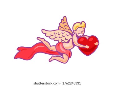 Cupid with wings flying with a heart. Valentine's Day. Sticker. Vector illustration.
