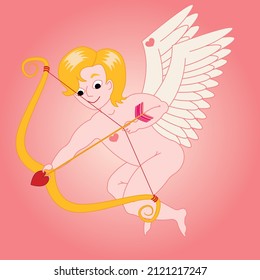 cupid with wings shoots arrows of love from a bow on a pink background