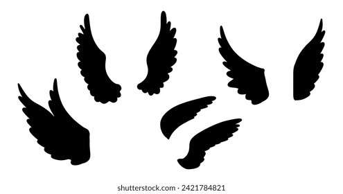 Cupid wings silhouette. Valentine day collection. Hand drawn cartoon cute flying elements in retro vintage style. Black Angel feather wing. Love Valentine’s Day vector illustration.