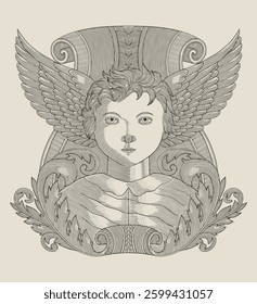 cupid with wings and vintage floral ornament frame, antiue engraving drawing style illustration