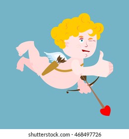 Cupid winks. Thumbs up shows well. Signs all right. Jolly Good carp. Mimicry smile on face of an angel. Hand showing ok. Gesture of hand. Illustration for Valentines Day