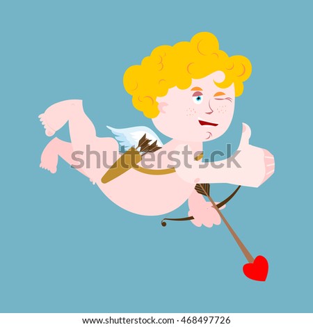 Cupid winks. Thumbs up shows well. Signs all right. Jolly Good carp. Mimicry smile on face of an angel. Hand showing ok. Gesture of hand. Illustration for Valentines Day