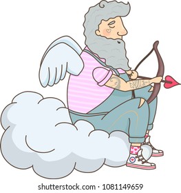 Cupido with beard on a cloud