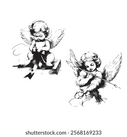 Cupids angel of love png sketch clipart. Vector illustration of cherubs, baby angels, classic whimsical graphics