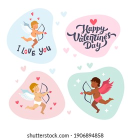 Cupids and angels with bows and arrows. Vector set of cute cupid's for valentine's day. Cartoon flat style vector illustration