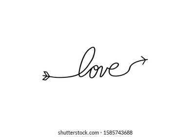 Cupid's arrow in the continuous drawing of lines in the form of a heart and the text love in a flat style. Continuous black line. Work flat design. Symbol of love and tenderness.