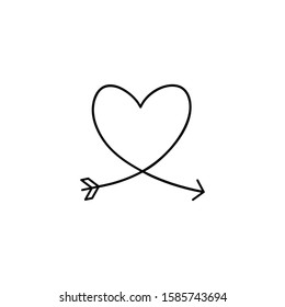 Cupid's arrow in the continuous drawing of lines in the form of a heart in a flat style. Continuous black line. Work flat design. Symbol of love and tenderness.