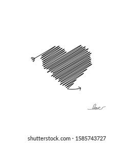 Cupid's arrow in the continuous drawing of lines in the form of a heart in a flat style. Continuous black line. Work flat design. Symbol of love and tenderness.