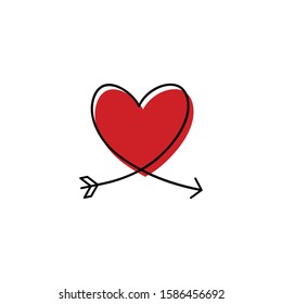 Cupid's arrow in the continuous drawing of lines in the form of a heart in a flat style. Continuous black line. Work flat design. Symbol of love and tenderness.
