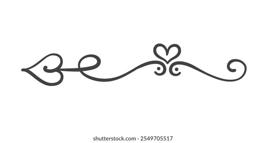 Flecha de cupido con corazón y rizos decoración icono de línea. Esquema retro rizado florecer divisor, elemento dibujado a mano. Tarjeta del día de San Valentín, mascota de la invitación de la boda, icono de flecha romántica Ilustración vectorial