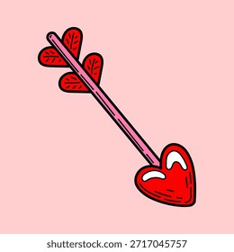 Cupids arrow with heart. Hand drawn flat vector. Valentine Day. Romantic holiday. Postcard celebrating love. Wedding anniversary. Doodle illustration.