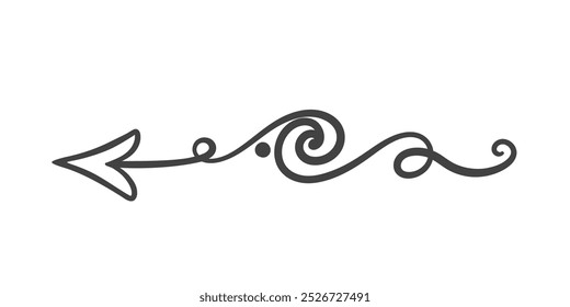Cupids arrow with heart tip curling up line icon. Outline retro elegant curls and swirls on arrow, hand drawn vintage element. Valentine Day card mascot, ornate scroll divider icon vector illustration