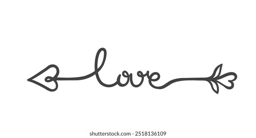 Cupids seta com texto de amor, dica em forma de ícone de linha do coração. Contorno separador retro com caligrafia palavra manuscrita, elemento decorativo. Mascote do Dia dos Namorados, ícone de seta ilustração vetorial