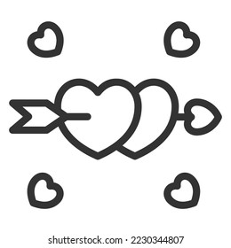 Cupid's arrow pierced two hearts - icon, illustration on white background, outline style