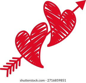 Seta do Cupido perfurando dois corações isolados no fundo branco