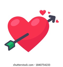 Cupid's arrow pinned in the middle of a red heart On the day of love.
