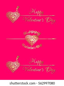 Cupid's arrow and set of gold labels greeting for Valentine's Day. Romantic design. Vector illustration