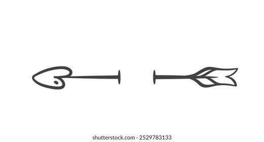 Ícone de linha de ponto de seta de cupidos. Contorno seta afiada retro costura agulha, mão romântica desenhado vintage elemento. Cartão do Dia dos Namorados, mascote de carta de amor, ícone de divisor de texto antigo ilustração vetorial