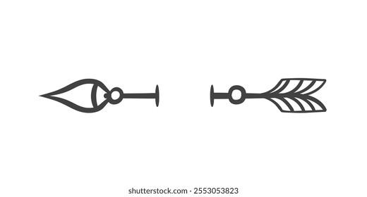 Ícone de linha de ponto de seta de cupidos. Contorno seta afiada retro costura agulha, mão romântica desenhado vintage elemento. Cartão do Dia dos Namorados, mascote de carta de amor, ícone de divisor de texto antigo ilustração vetorial