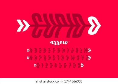 Tipo de letra de estilo de flecha cúpidos, elemento de diseño de tarjeta de San Valentín, letras alfabéticas y ilustración vectorial de números