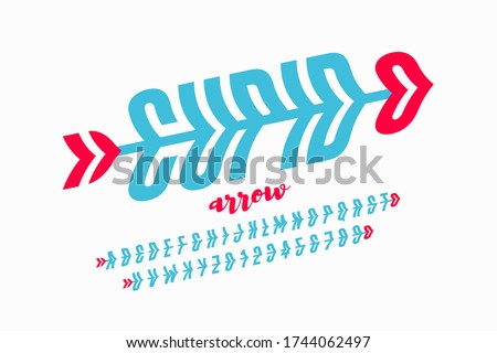 Cupids arrow style font, Valentines Day card design element, alphabet letters and numbers vector illustration