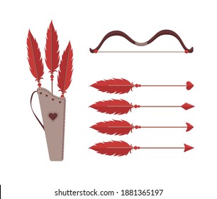 Cupid's arrows and bow. Valentines weapon isolated on white background. Cute festive elements of 14 february. Vector illustration in flat cartoon style.