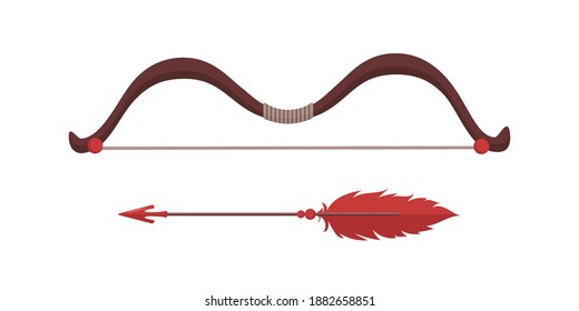Cupids arrows and bow. Valentines weapon isolated on white background. Cute festive elements of 14 february. Vector illustration in flat cartoon style.