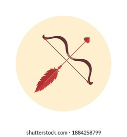 Las flechas y el arco de Cupido. Arma de San Valentín aislada en fondo blanco. Elementos festivos agradables del 14 de febrero. Ilustración vectorial al estilo de las caricaturas planas.