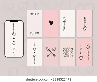 Cupid's arrows in doodle style. A set of postcards for Valentine's Day. Social media story layoutin pastel pink colors. Minimal wall art. Place for logos, messages, text placement.