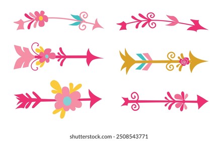 Cupid's arrows with flowers and hearts. Valentines day, love, romantic concept. Vector illustration.