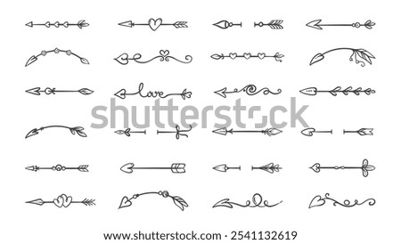 Cupids arrows line icons set. Outline hand drawn dividers with heart, flower and flourish elements. Wedding and love, Valentines Day mascot, cute arrow border icons collection vector illustration